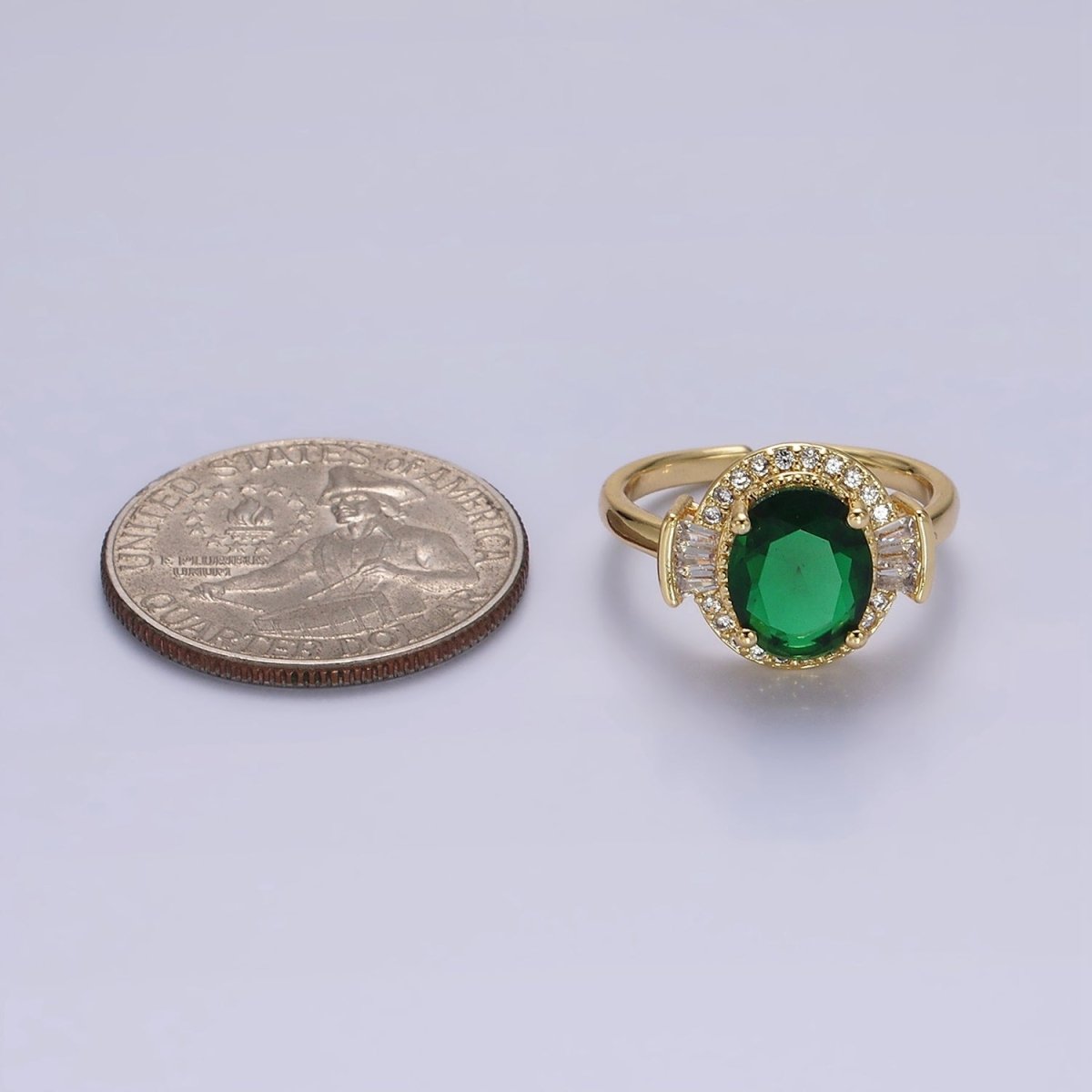 14K Gold Filled Green, Black, Red Oval CZ Baguette Micro Paved Adjustable Solitaire Ring | O-634 ~ O-636