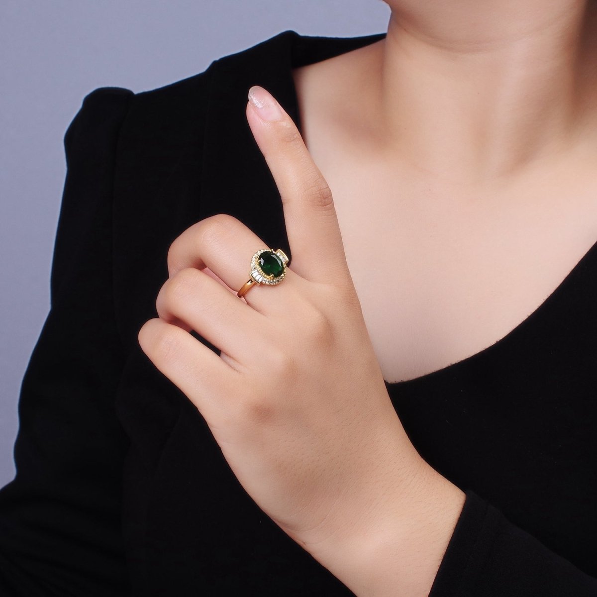 14K Gold Filled Green, Black, Red Oval CZ Baguette Micro Paved Adjustable Solitaire Ring | O-634 ~ O-636