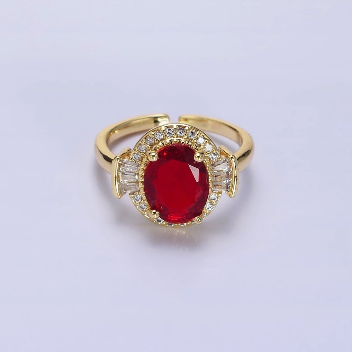 14K Gold Filled Green, Black, Red Oval CZ Baguette Micro Paved Adjustable Solitaire Ring | O-634 ~ O-636