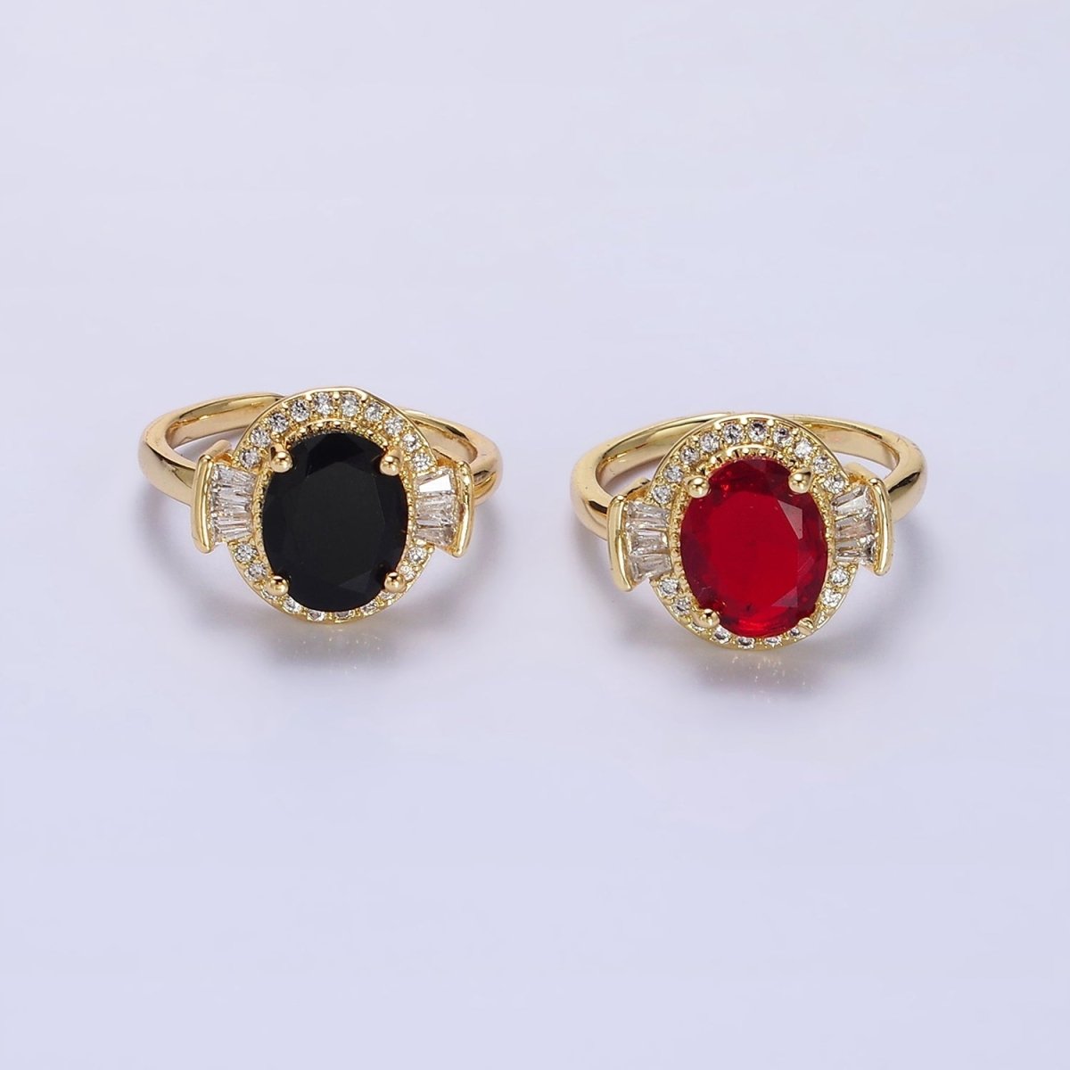 14K Gold Filled Green, Black, Red Oval CZ Baguette Micro Paved Adjustable Solitaire Ring | O-634 ~ O-636