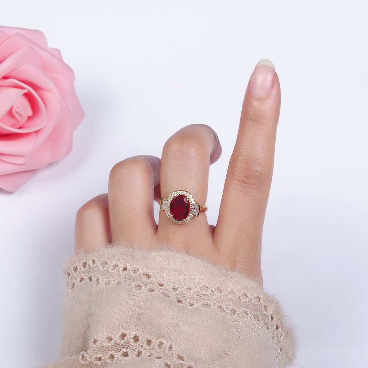 14K Gold Filled Green, Black, Red Oval CZ Baguette Micro Paved Adjustable Solitaire Ring | O-634 ~ O-636