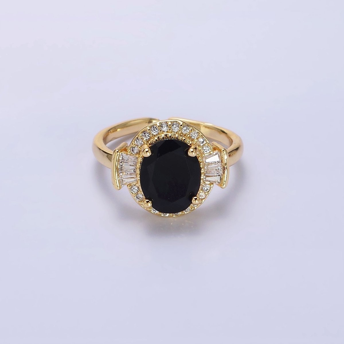 14K Gold Filled Green, Black, Red Oval CZ Baguette Micro Paved Adjustable Solitaire Ring | O-634 ~ O-636