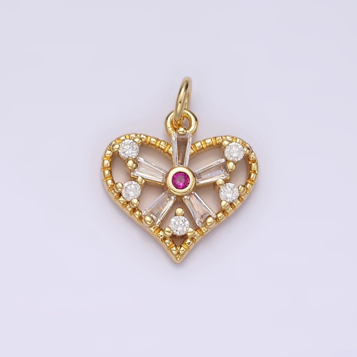 14K Gold Filled Green, Clear Baguette Flower CZ Open Heart Charm | AG390 - AG392