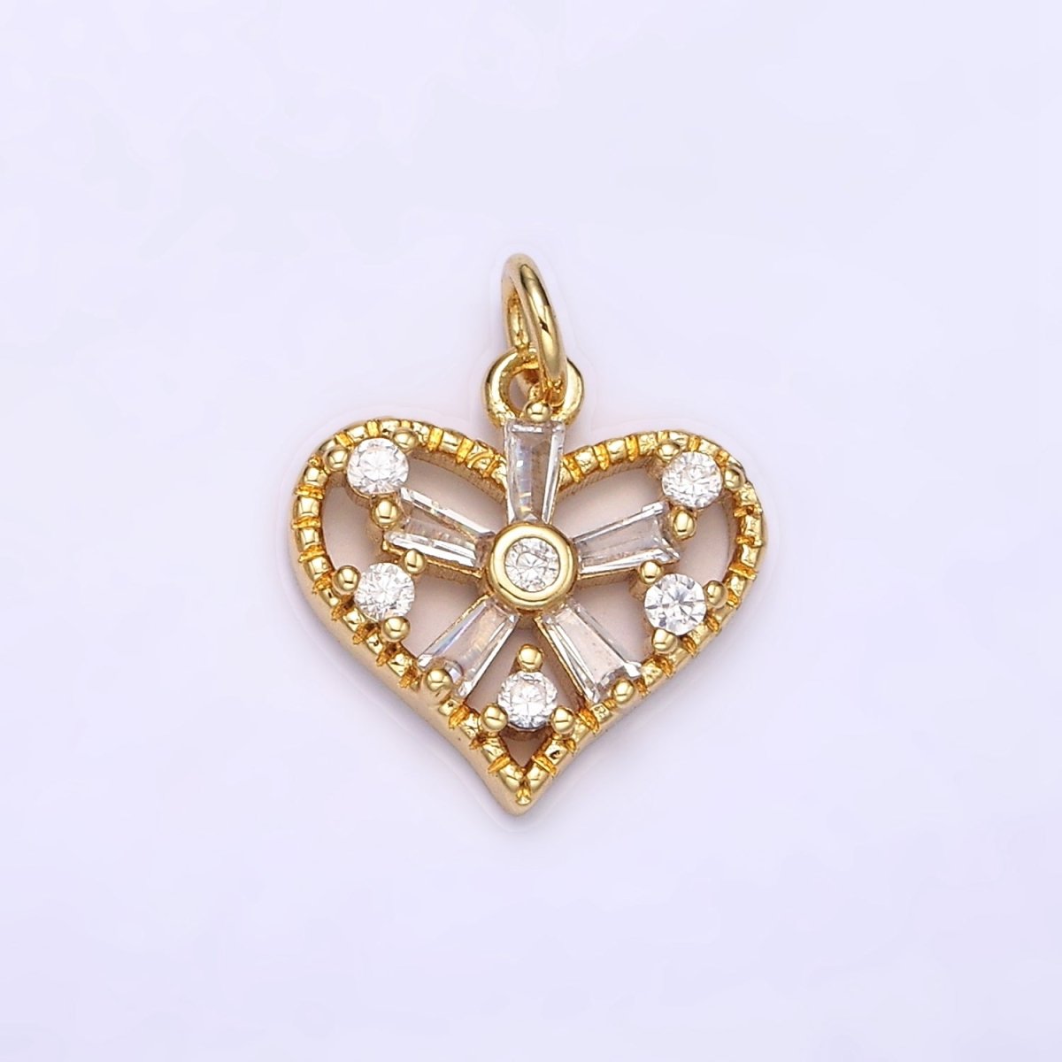 14K Gold Filled Green, Clear Baguette Flower CZ Open Heart Charm | AG390 - AG392