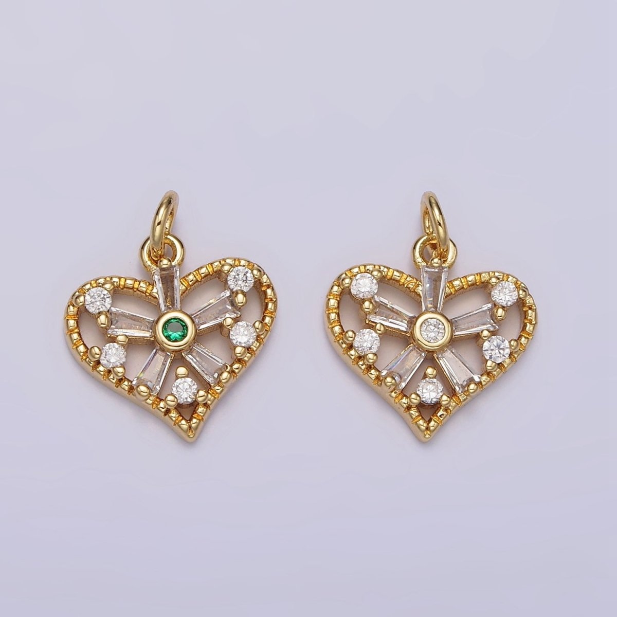 14K Gold Filled Green, Clear Baguette Flower CZ Open Heart Charm | AG390 - AG392