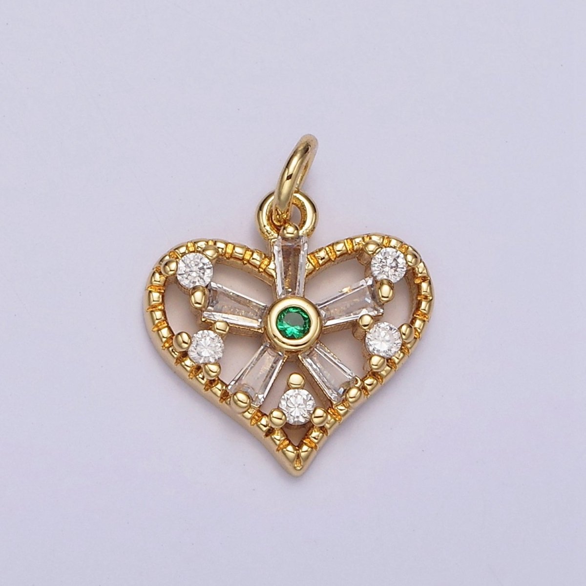 14K Gold Filled Green, Clear Baguette Flower CZ Open Heart Charm | AG390 - AG392