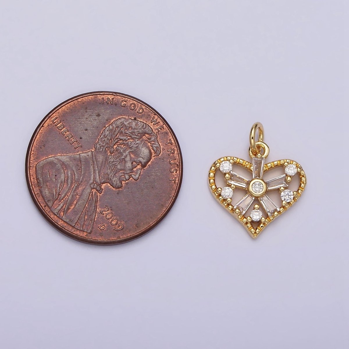 14K Gold Filled Green, Clear Baguette Flower CZ Open Heart Charm | AG390 - AG392