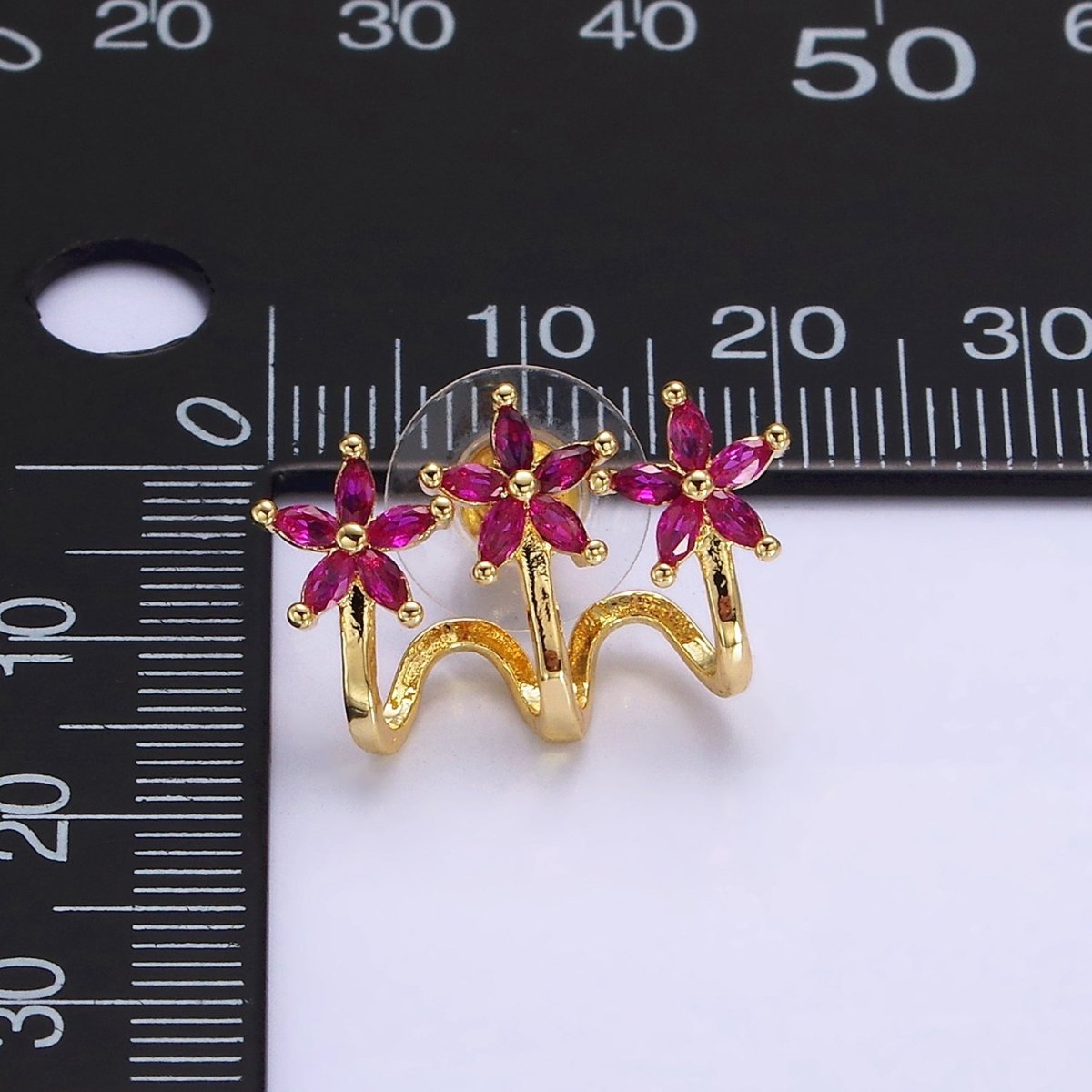 14K Gold Filled Green, Clear Fuchsia Marquise Flower Triple Ear Cuff Stud Earrings Set | AE641 - AE643