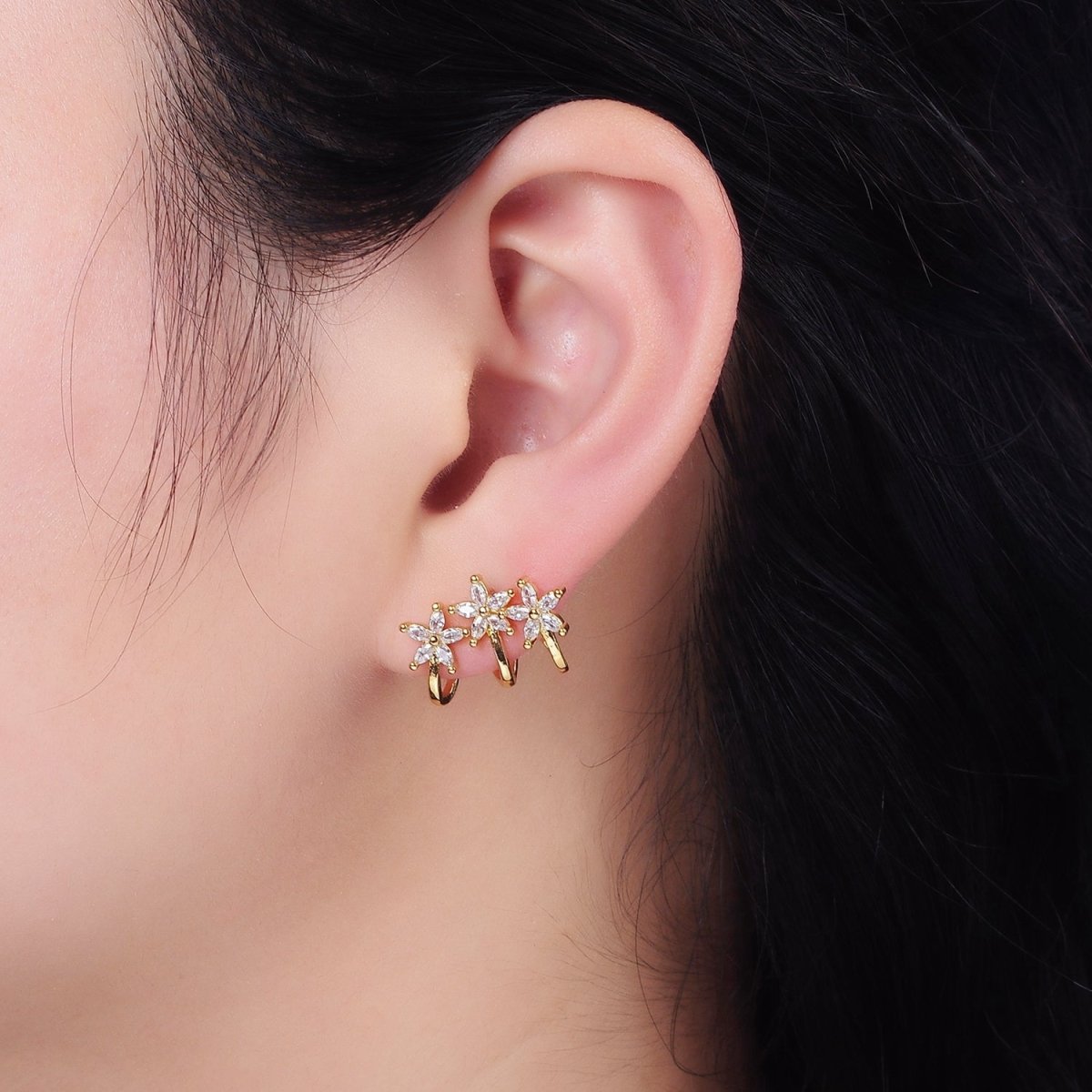 14K Gold Filled Green, Clear Fuchsia Marquise Flower Triple Ear Cuff Stud Earrings Set | AE641 - AE643