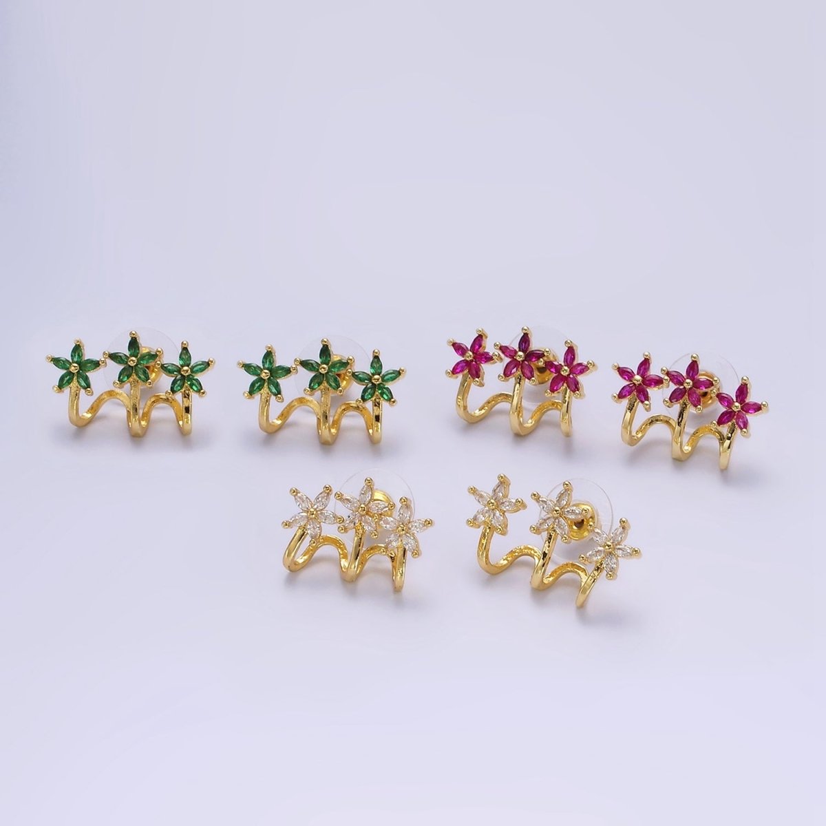 14K Gold Filled Green, Clear Fuchsia Marquise Flower Triple Ear Cuff Stud Earrings Set | AE641 - AE643