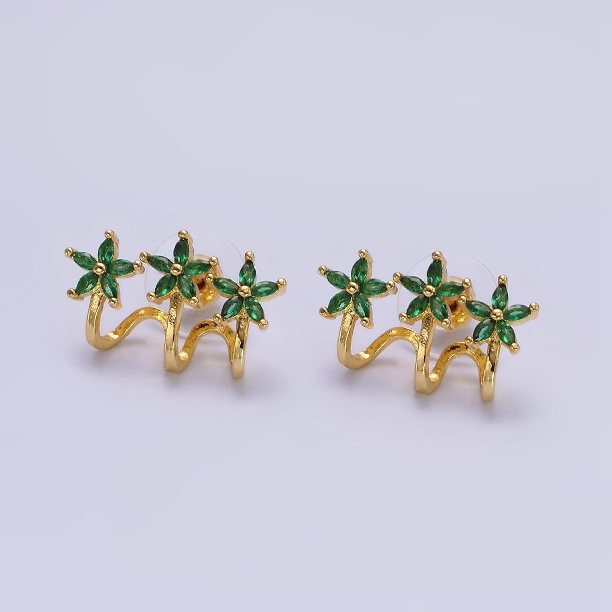 14K Gold Filled Green, Clear Fuchsia Marquise Flower Triple Ear Cuff Stud Earrings Set | AE641 - AE643