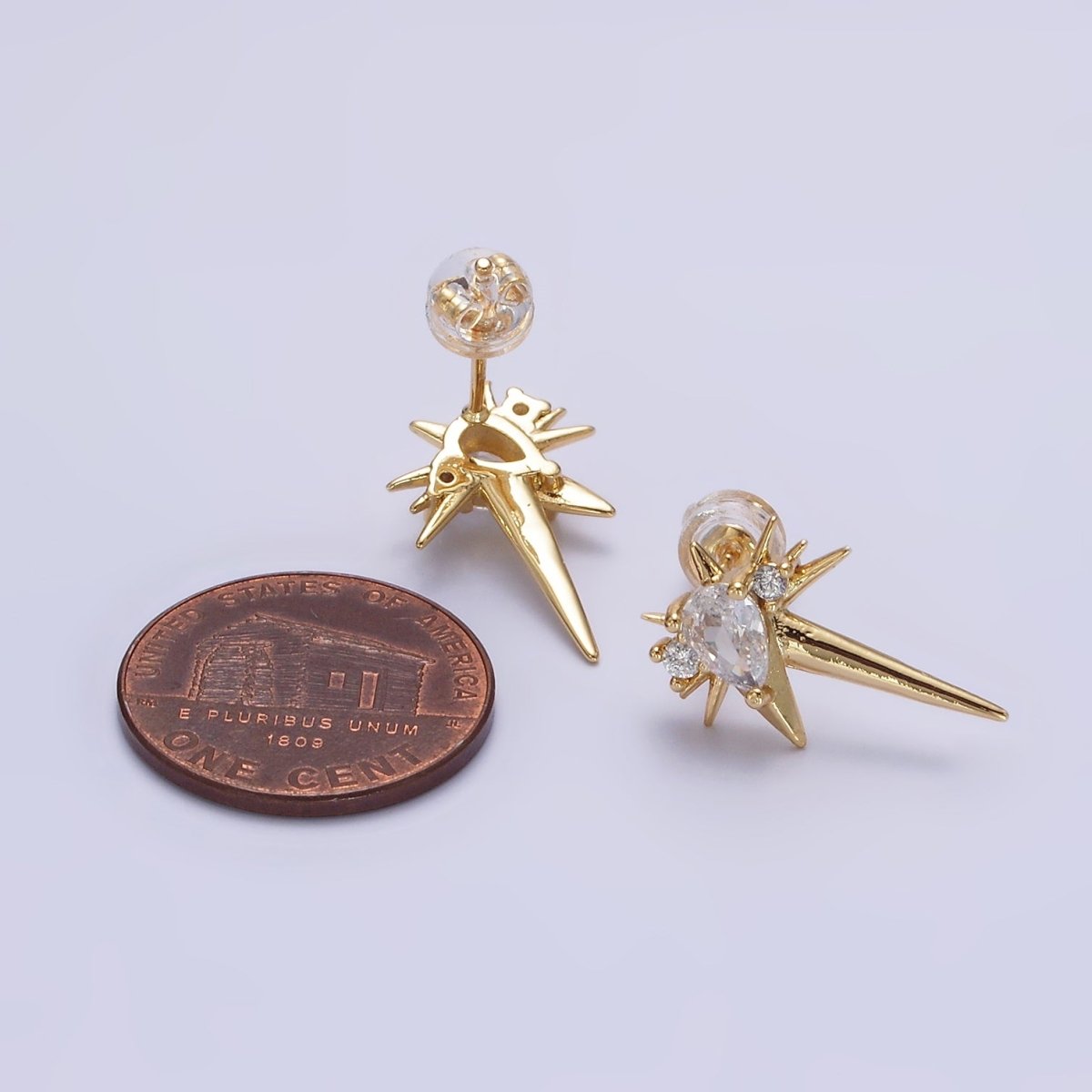 14K Gold Filled Green, Clear Teardrop CZ Spiked Celestial Star Stud Earrings in Gold & Silver | AE648 - AE651