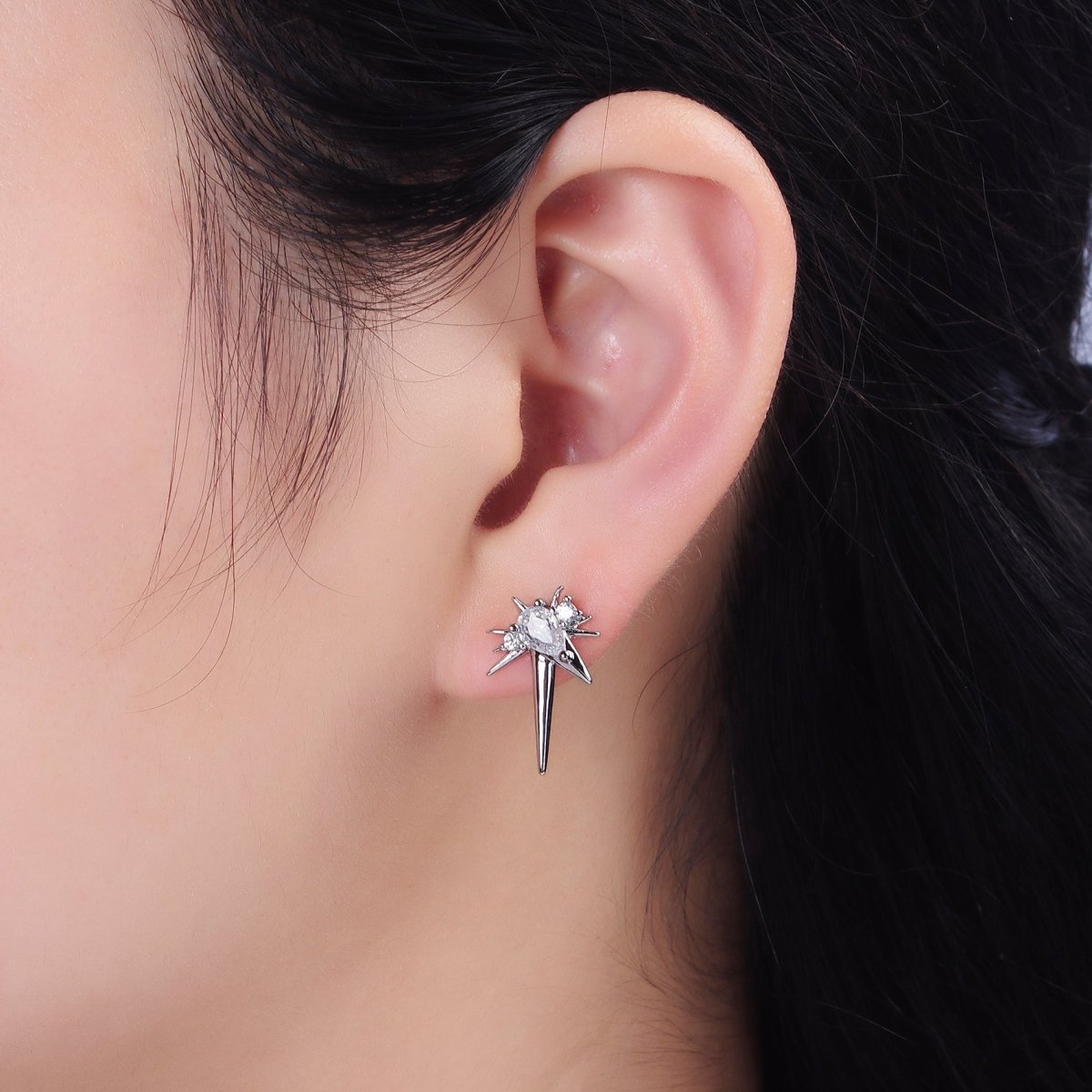 14K Gold Filled Green, Clear Teardrop CZ Spiked Celestial Star Stud Earrings in Gold & Silver | AE648 - AE651