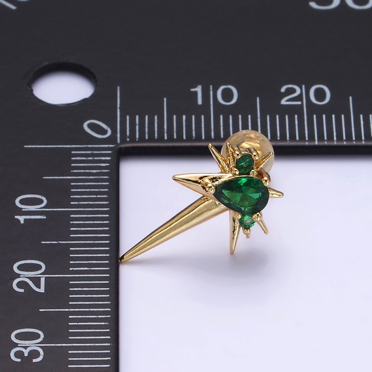 14K Gold Filled Green, Clear Teardrop CZ Spiked Celestial Star Stud Earrings in Gold & Silver | AE648 - AE651