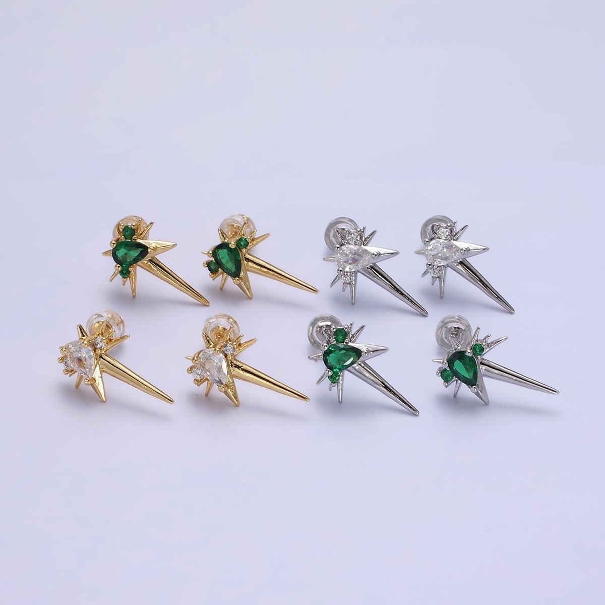 14K Gold Filled Green, Clear Teardrop CZ Spiked Celestial Star Stud Earrings in Gold & Silver | AE648 - AE651