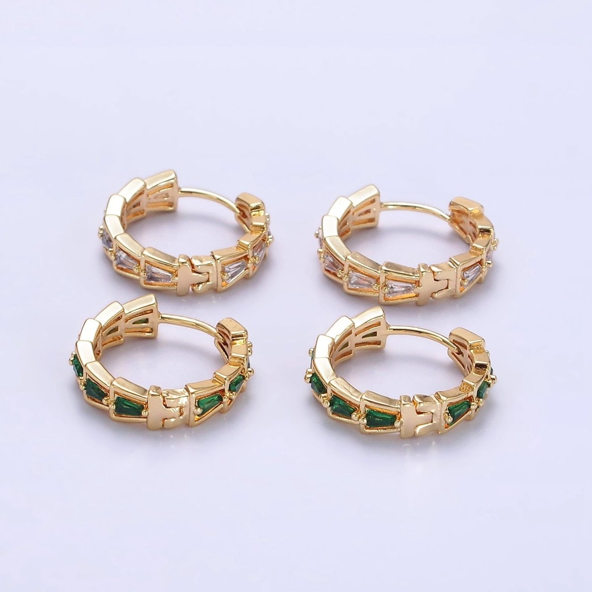 14K Gold Filled Green, Clear Triangle Baguette Lined 19mm Huggie Earrings | AE684 AE685