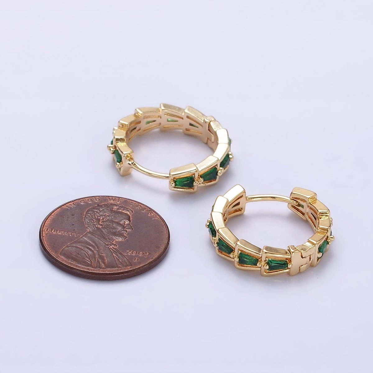 14K Gold Filled Green, Clear Triangle Baguette Lined 19mm Huggie Earrings | AE684 AE685