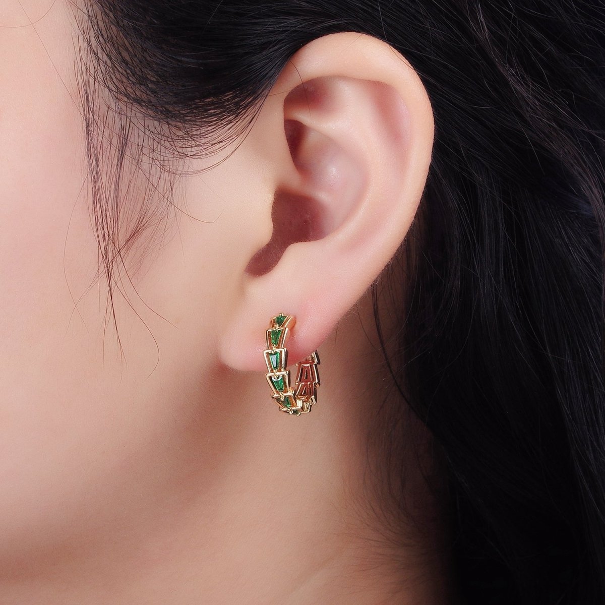 14K Gold Filled Green, Clear Triangle Baguette Lined 19mm Huggie Earrings | AE684 AE685