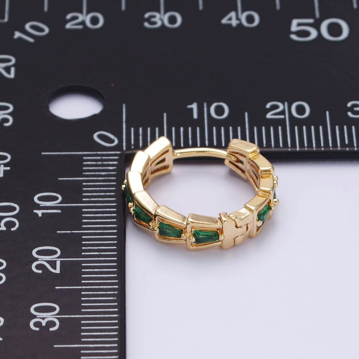 14K Gold Filled Green, Clear Triangle Baguette Lined 19mm Huggie Earrings | AE684 AE685