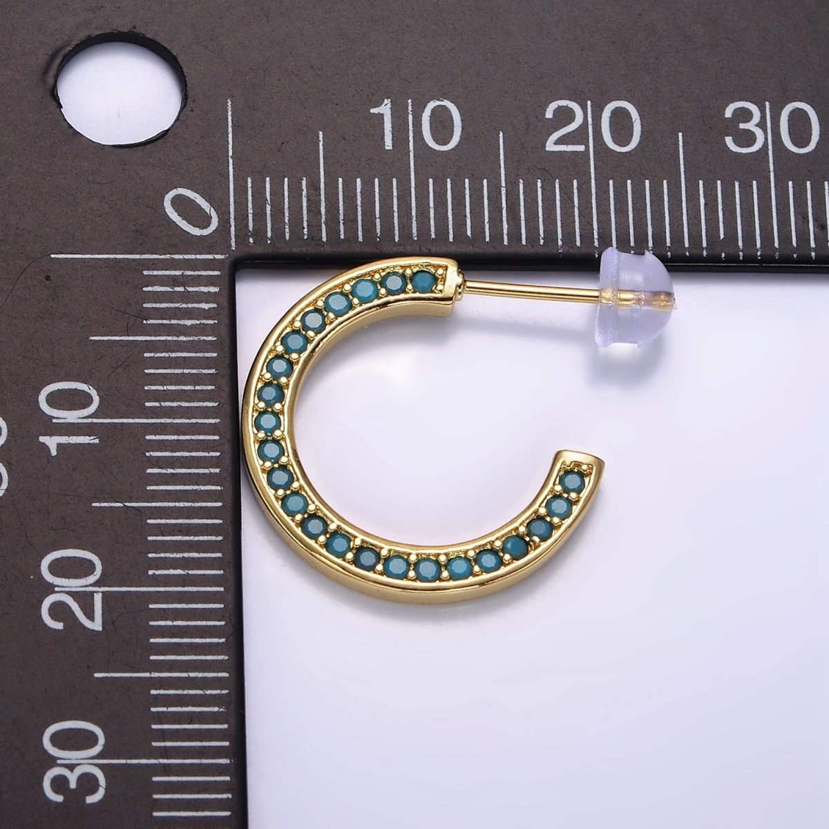 14K Gold Filled Green, Clear, Turquoise Round CZ Lined 20mm C-Shaped Hoop Earrings | AE661 - AE663