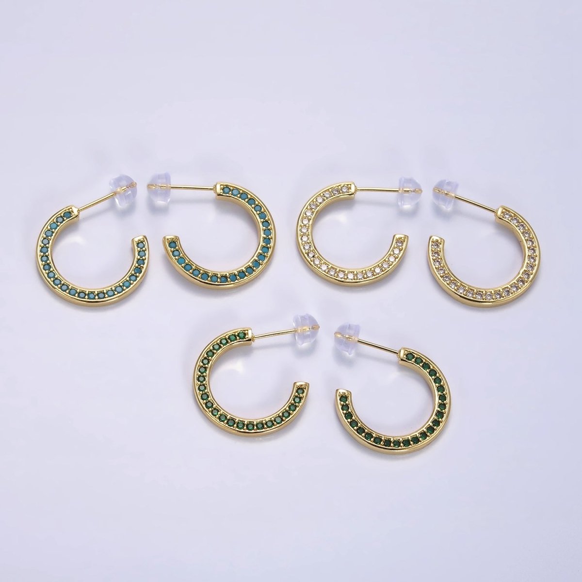 14K Gold Filled Green, Clear, Turquoise Round CZ Lined 20mm C-Shaped Hoop Earrings | AE661 - AE663