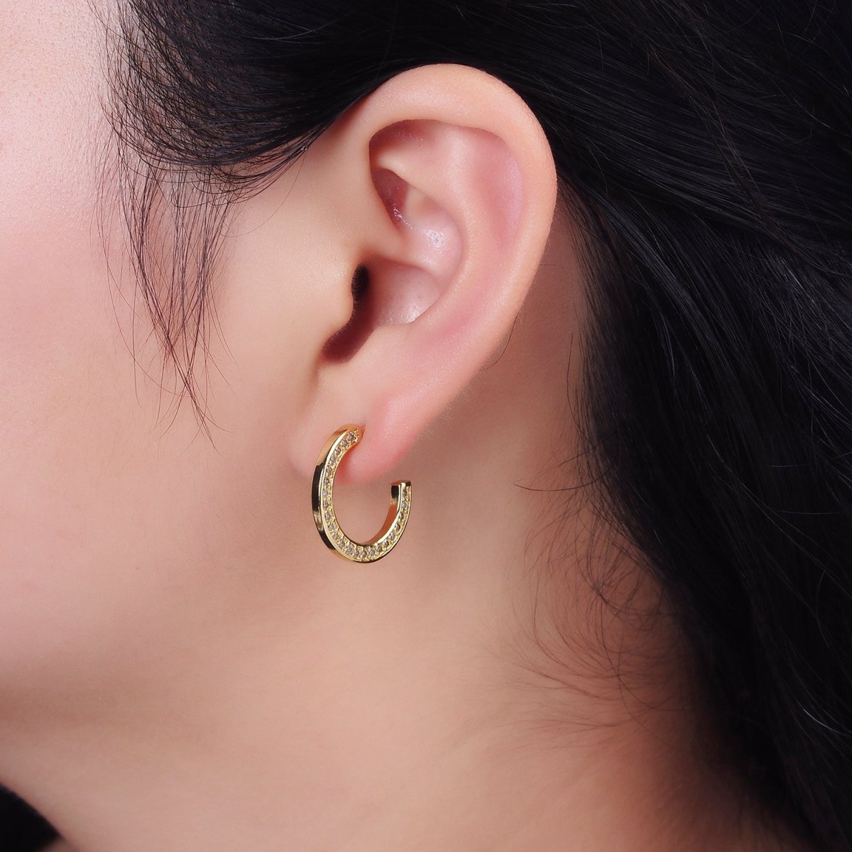 14K Gold Filled Green, Clear, Turquoise Round CZ Lined 20mm C-Shaped Hoop Earrings | AE661 - AE663