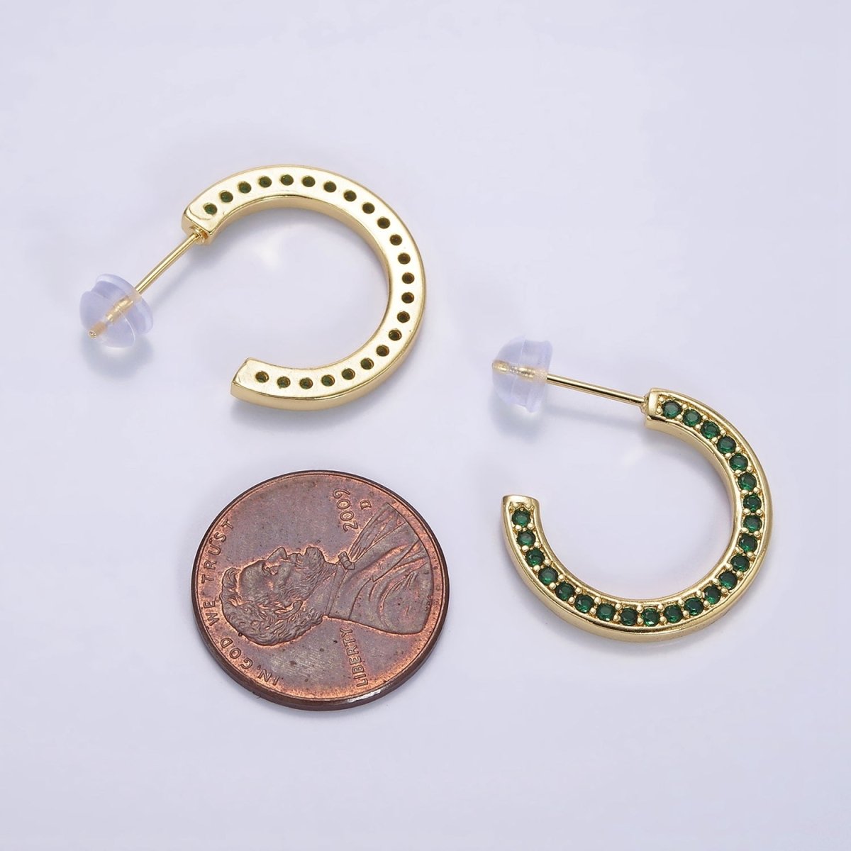 14K Gold Filled Green, Clear, Turquoise Round CZ Lined 20mm C-Shaped Hoop Earrings | AE661 - AE663