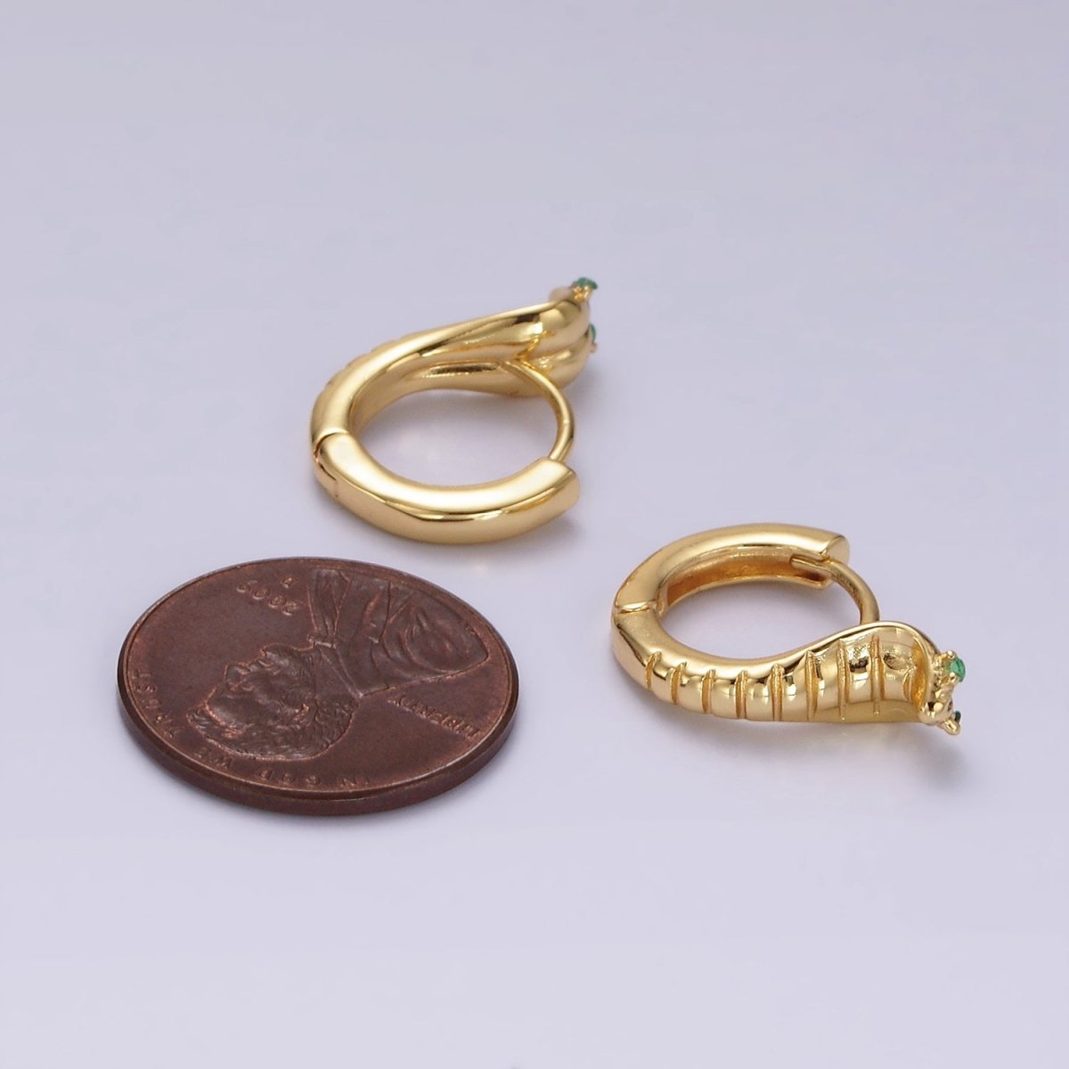 14K Gold Filled Green-Eyed CZ Lined Snake Animal Huggie Earrings in Gold & Silver | V082