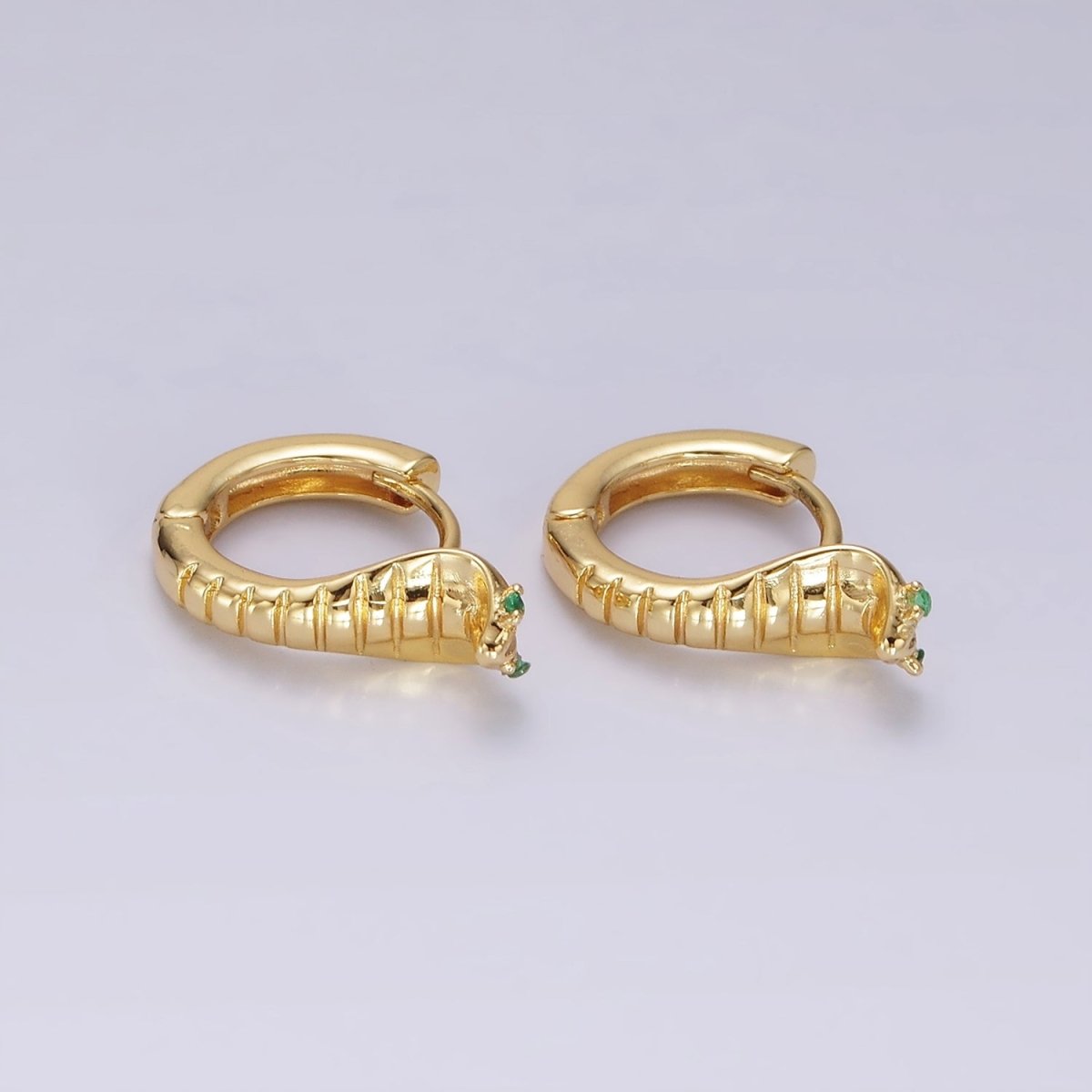 14K Gold Filled Green-Eyed CZ Lined Snake Animal Huggie Earrings in Gold & Silver | V082
