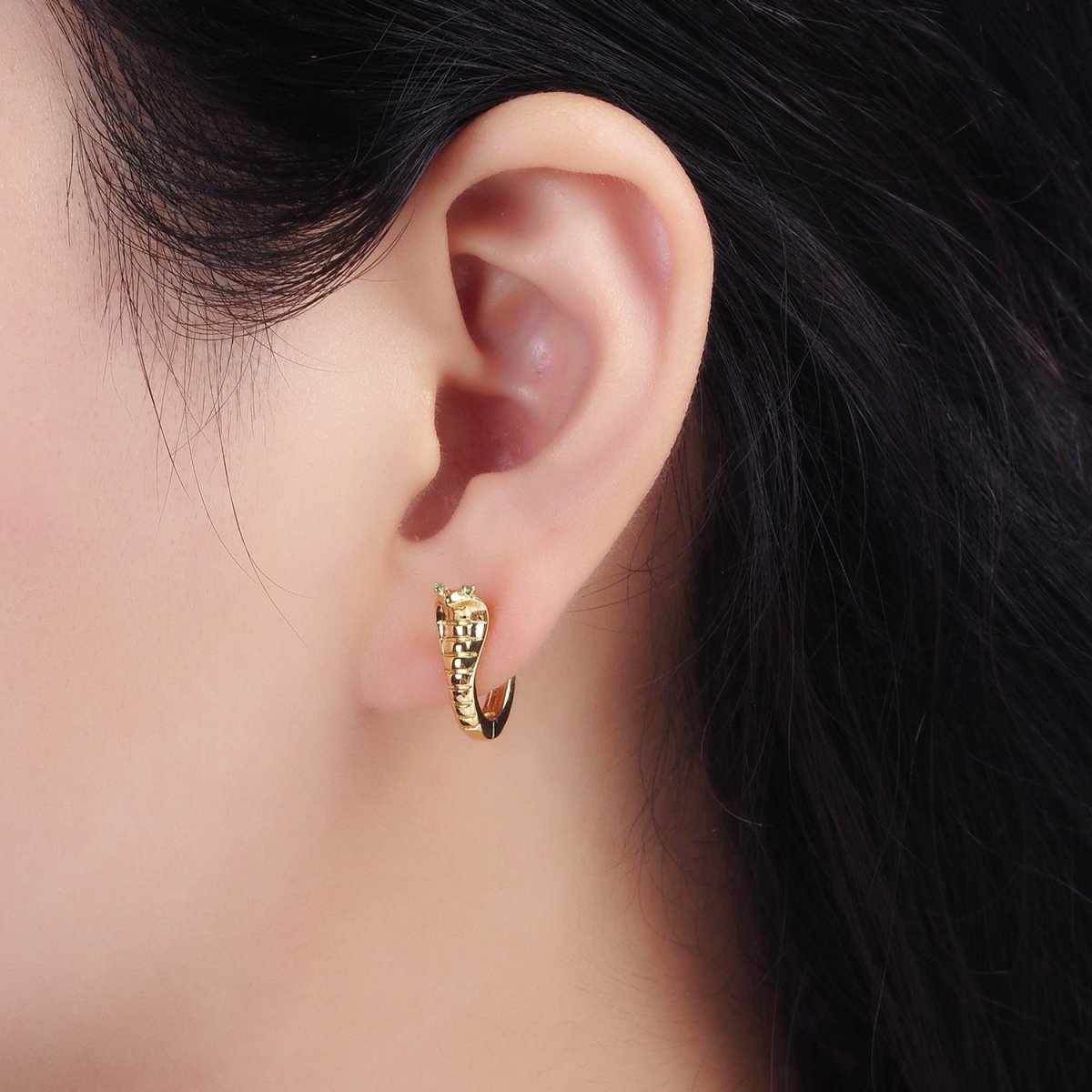 14K Gold Filled Green-Eyed CZ Lined Snake Animal Huggie Earrings in Gold & Silver | V082