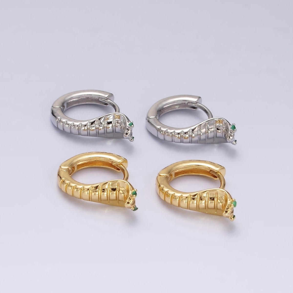 14K Gold Filled Green-Eyed CZ Lined Snake Animal Huggie Earrings in Gold & Silver | V082