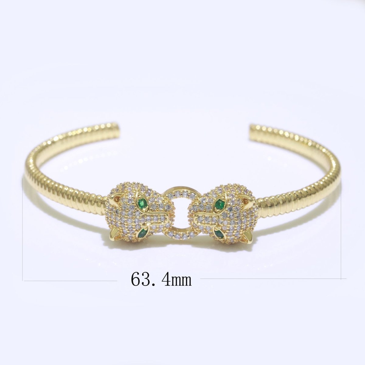 14K Gold Filled Green-Eyed CZ Panther Micro Paved Adjustable Textured Bangle Bracelet | WA-125