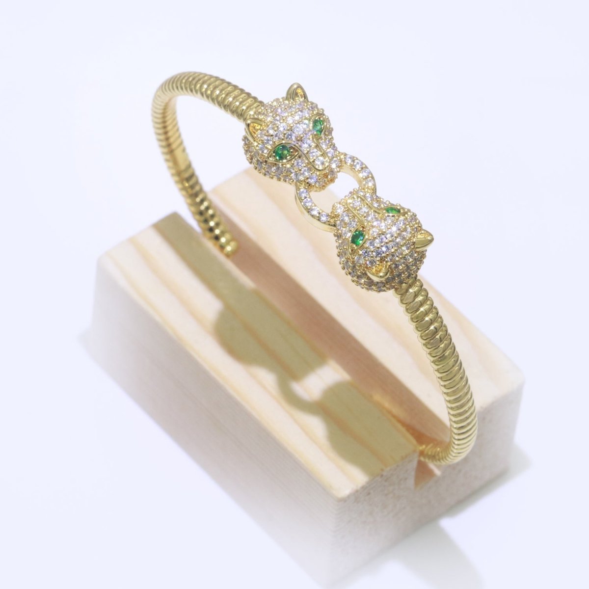 14K Gold Filled Green-Eyed CZ Panther Micro Paved Adjustable Textured Bangle Bracelet | WA-125