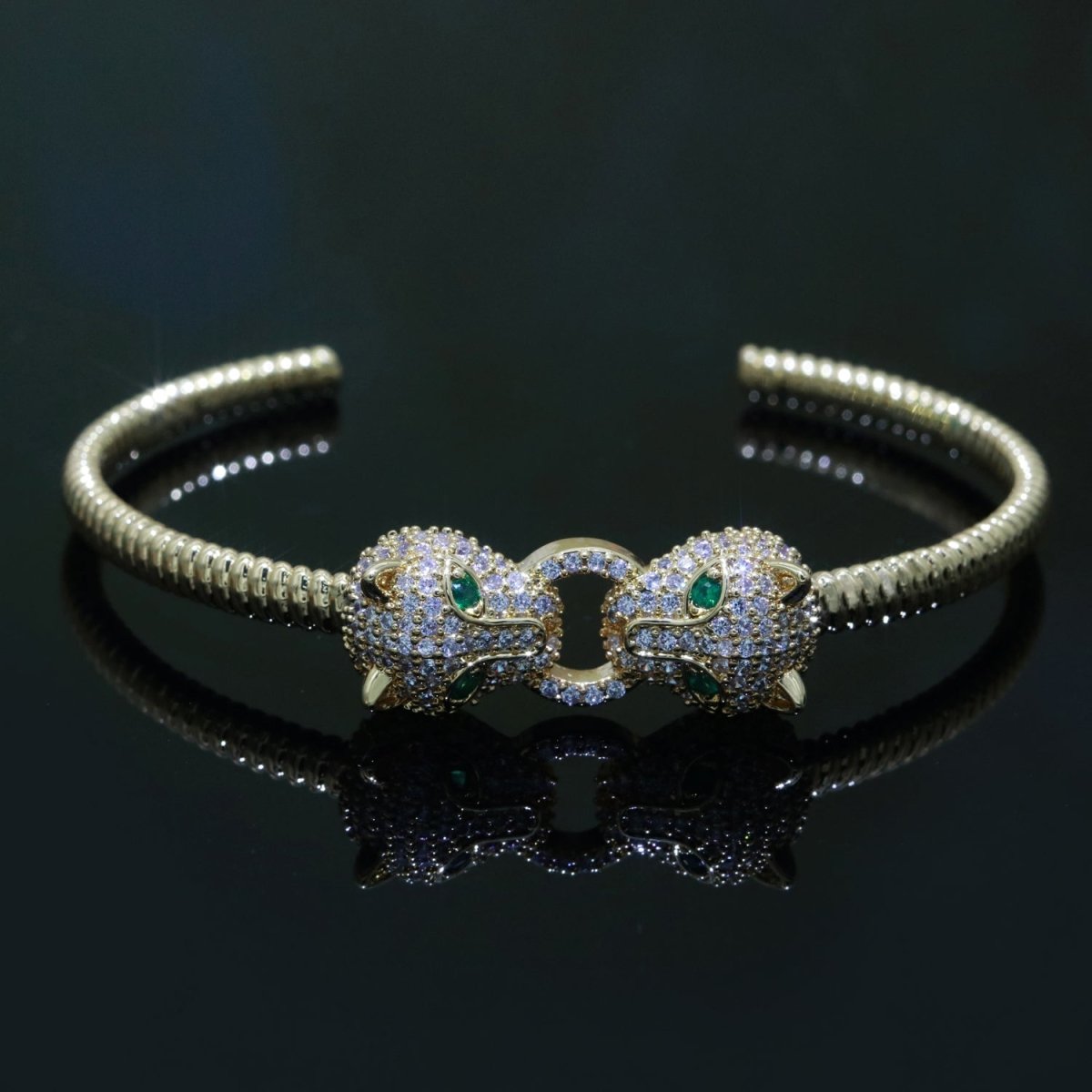 14K Gold Filled Green-Eyed CZ Panther Micro Paved Adjustable Textured Bangle Bracelet | WA-125