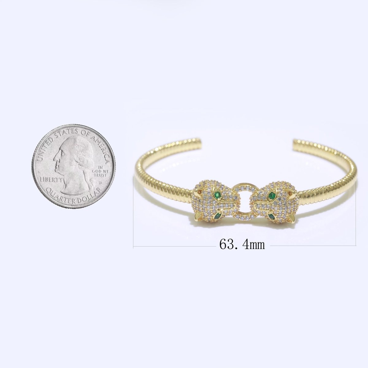 14K Gold Filled Green-Eyed CZ Panther Micro Paved Adjustable Textured Bangle Bracelet | WA-125