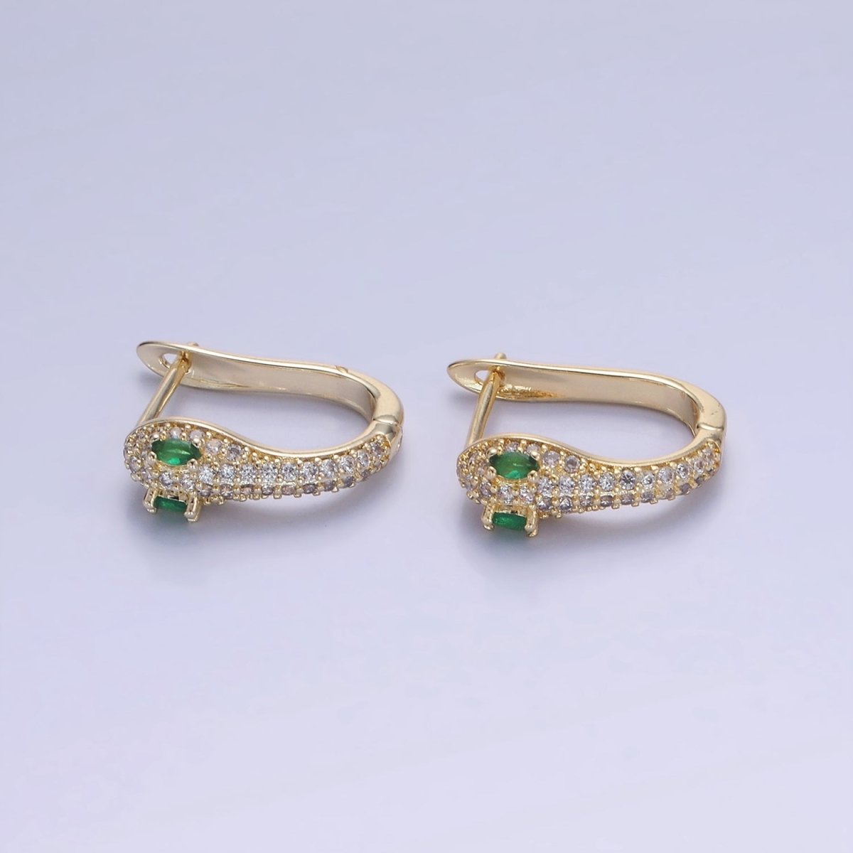 14K Gold Filled Green-Eyed Micro Paved CZ Cartilage English Lock Earrings in Gold & Silver | AB1319