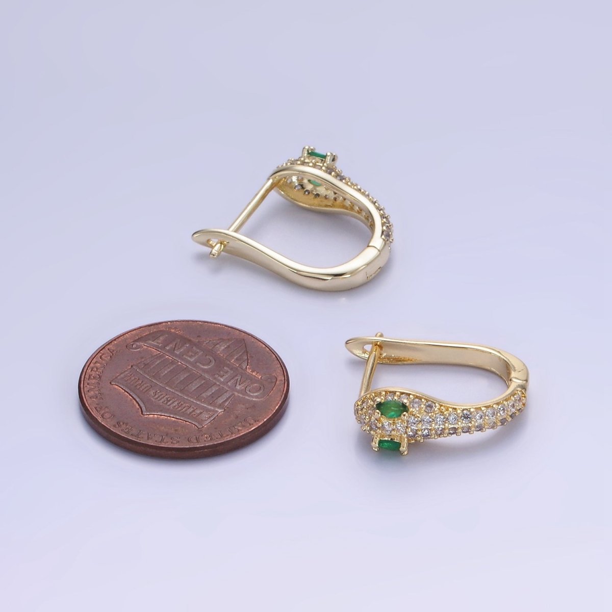 14K Gold Filled Green-Eyed Micro Paved CZ Cartilage English Lock Earrings in Gold & Silver | AB1319