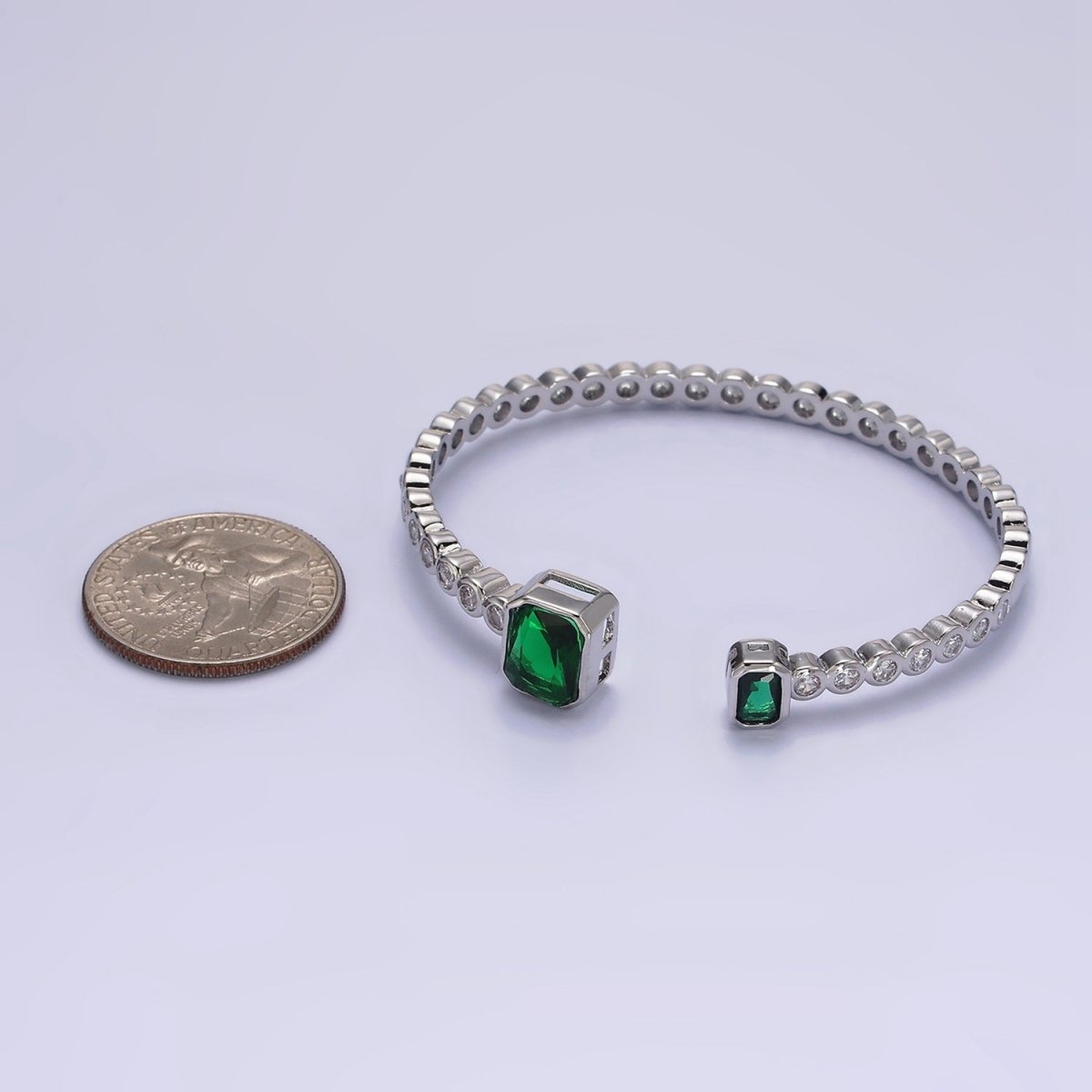 14K Gold Filled Green, Fuchsia Baguette Round CZ Lined Cuff Bracelet in Silver & Gold | WA-1974 - WA-1977 Clearance Pricing