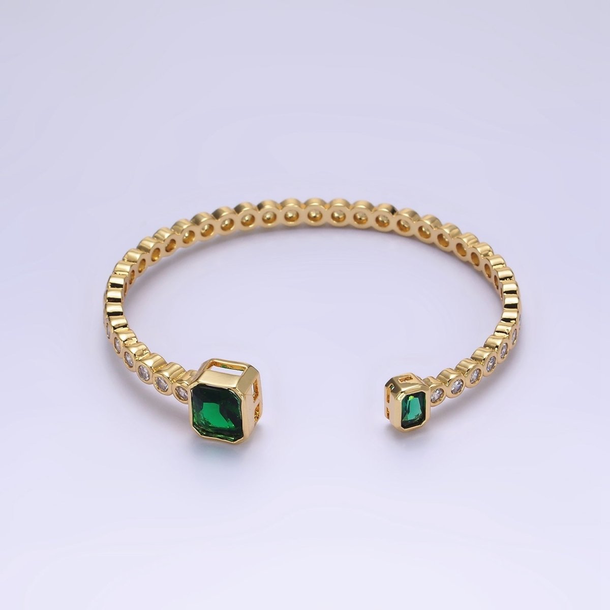 14K Gold Filled Green, Fuchsia Baguette Round CZ Lined Cuff Bracelet in Silver & Gold | WA-1974 - WA-1977 Clearance Pricing