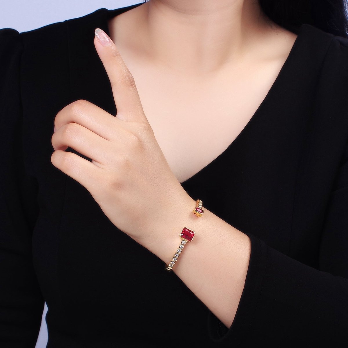 14K Gold Filled Green, Fuchsia Baguette Round CZ Lined Cuff Bracelet in Silver & Gold | WA-1974 - WA-1977 Clearance Pricing