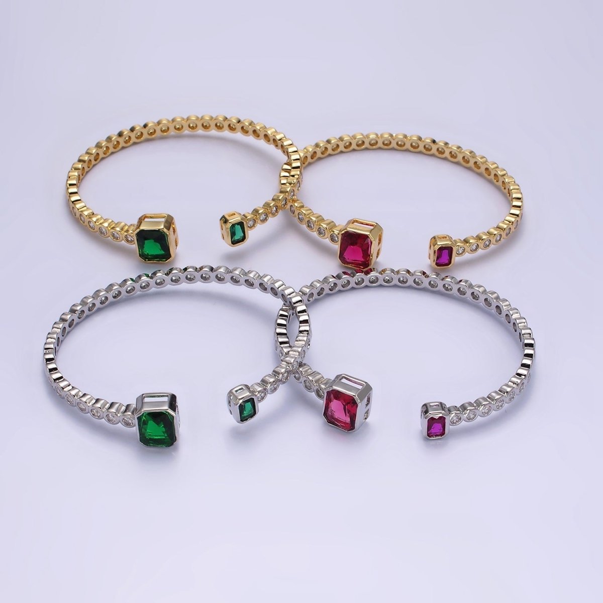 14K Gold Filled Green, Fuchsia Baguette Round CZ Lined Cuff Bracelet in Silver & Gold | WA-1974 - WA-1977 Clearance Pricing
