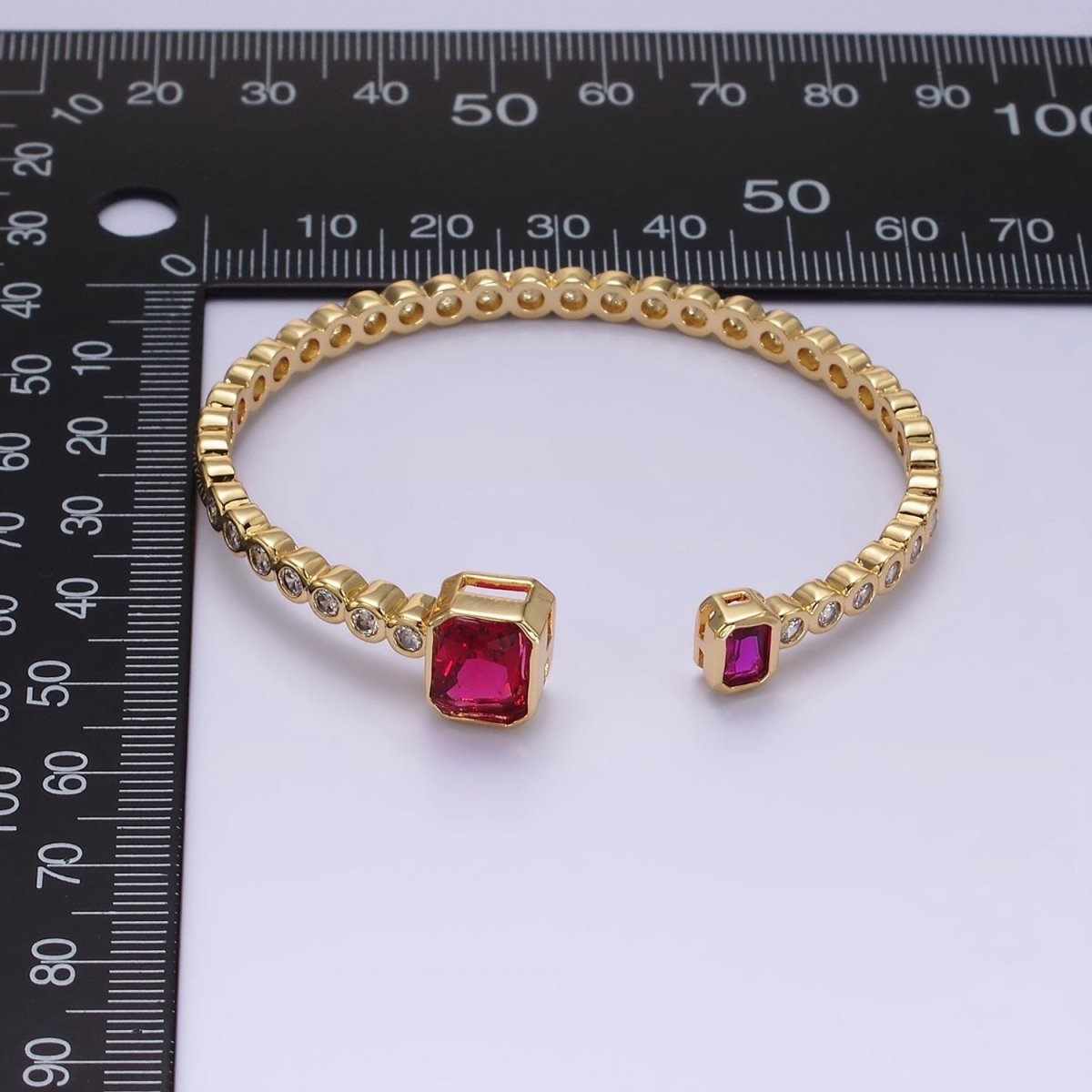 14K Gold Filled Green, Fuchsia Baguette Round CZ Lined Cuff Bracelet in Silver & Gold | WA-1974 - WA-1977 Clearance Pricing
