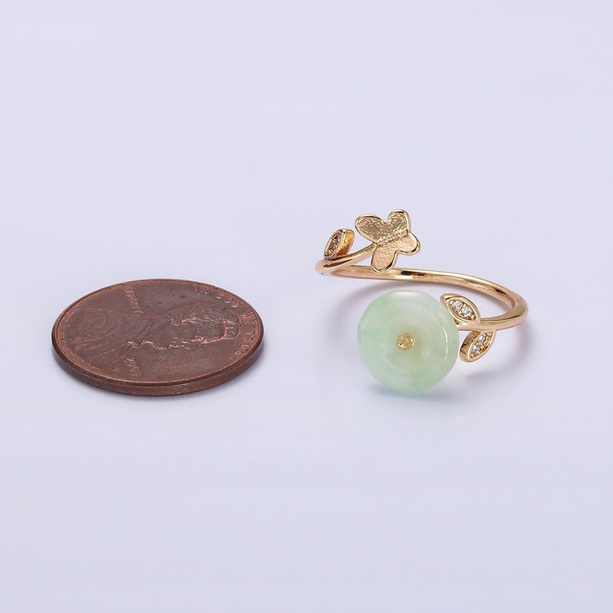 14K Gold Filled Green Jade Donut Butterfly Leaf Micro Paved CZ Open Ring | O-605