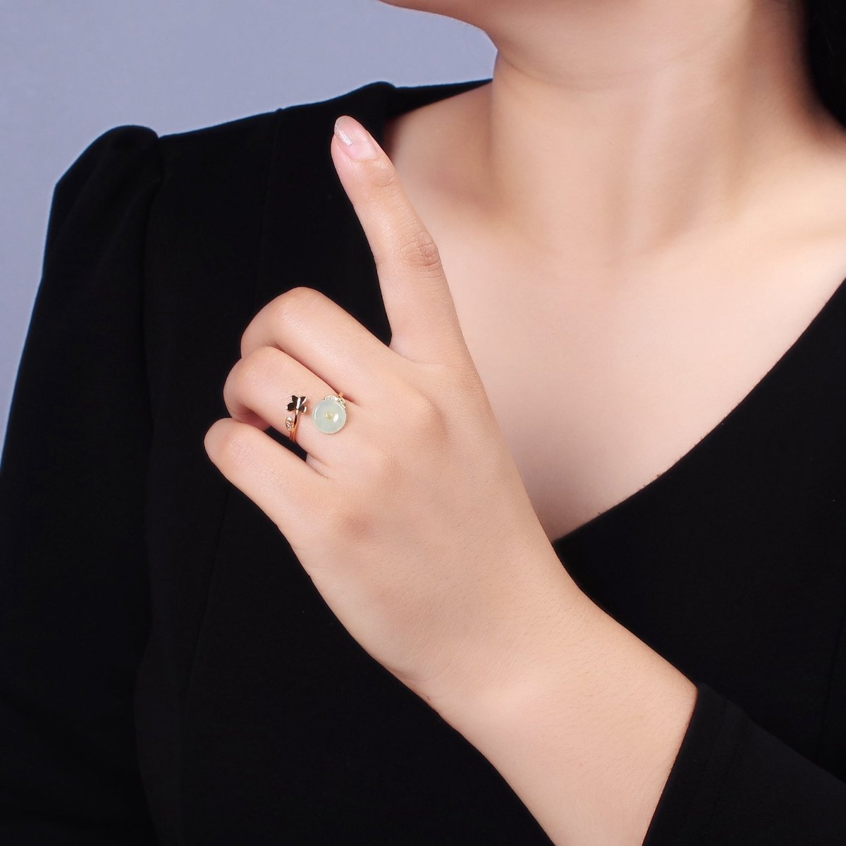 14K Gold Filled Green Jade Donut Butterfly Leaf Micro Paved CZ Open Ring | O-605