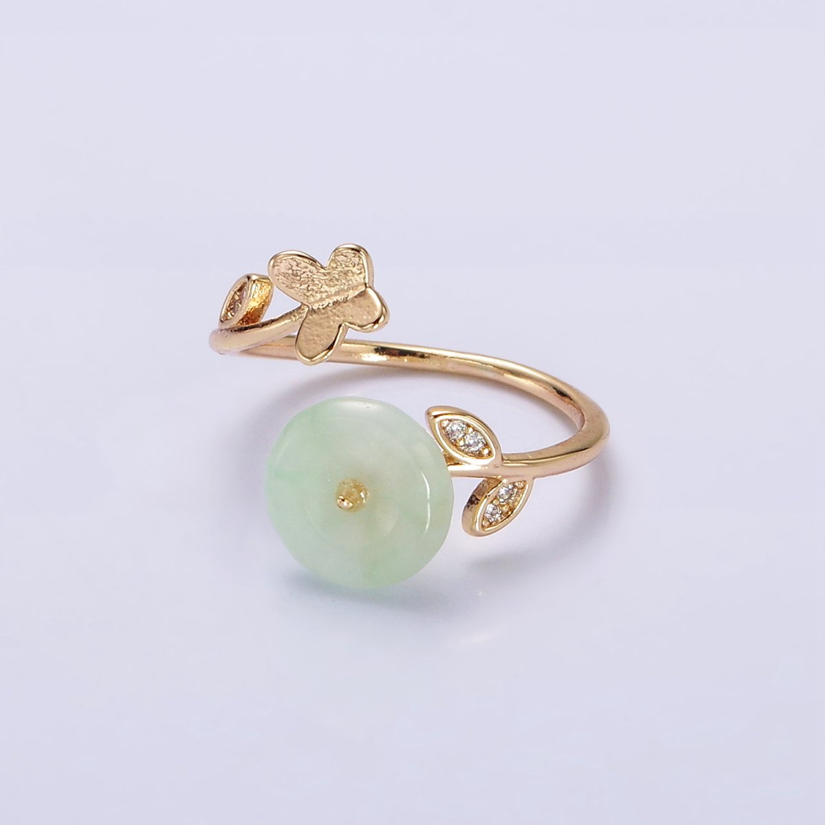 14K Gold Filled Green Jade Donut Butterfly Leaf Micro Paved CZ Open Ring | O-605