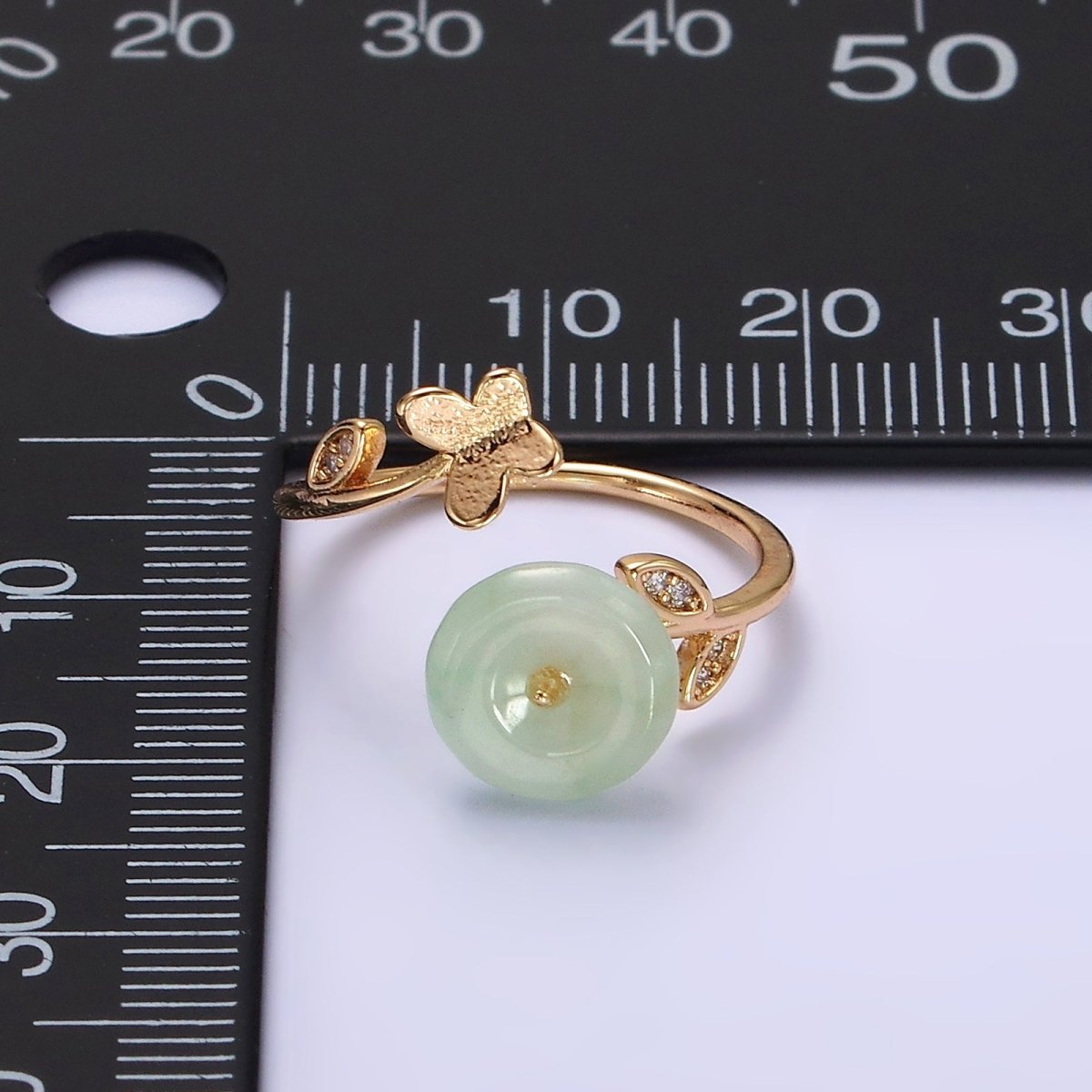 14K Gold Filled Green Jade Donut Butterfly Leaf Micro Paved CZ Open Ring | O-605