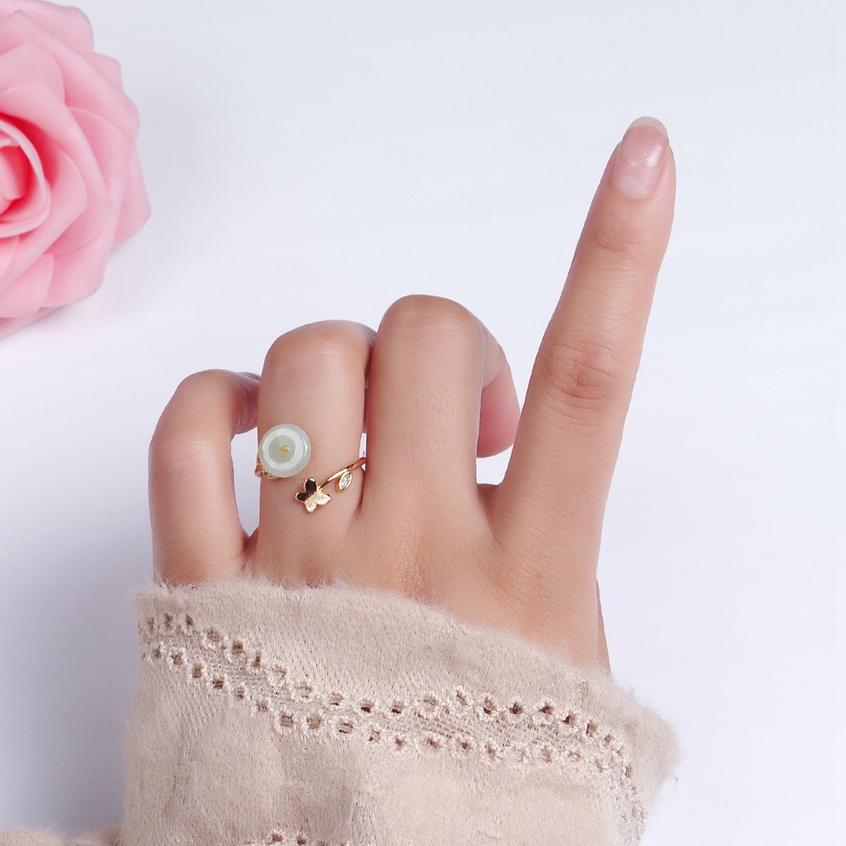 14K Gold Filled Green Jade Donut Butterfly Leaf Micro Paved CZ Open Ring | O-605