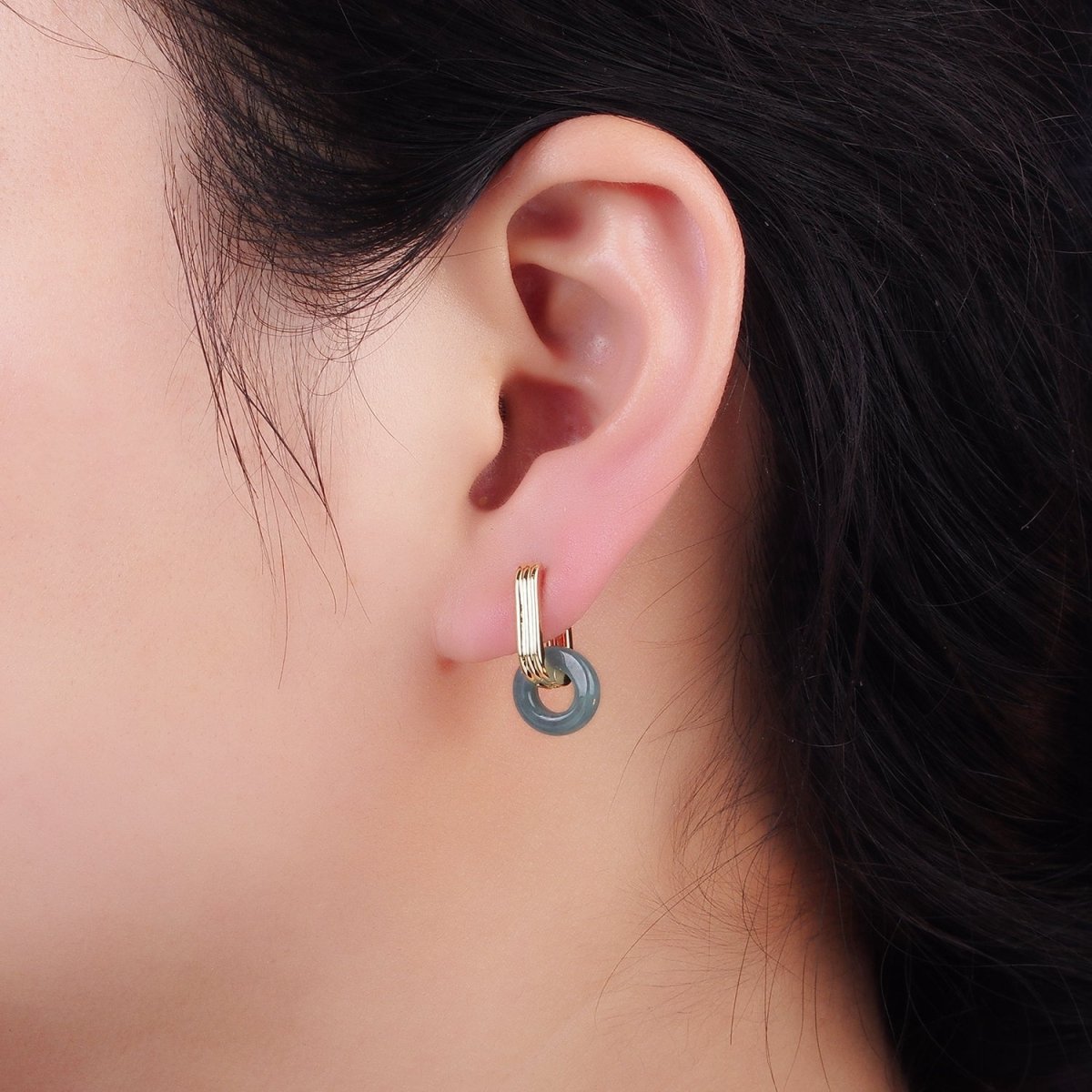 14K Gold Filled Green Jade Donut Drop Triple Lined Oblong Hoop Earrings | V503 - DLUXCA