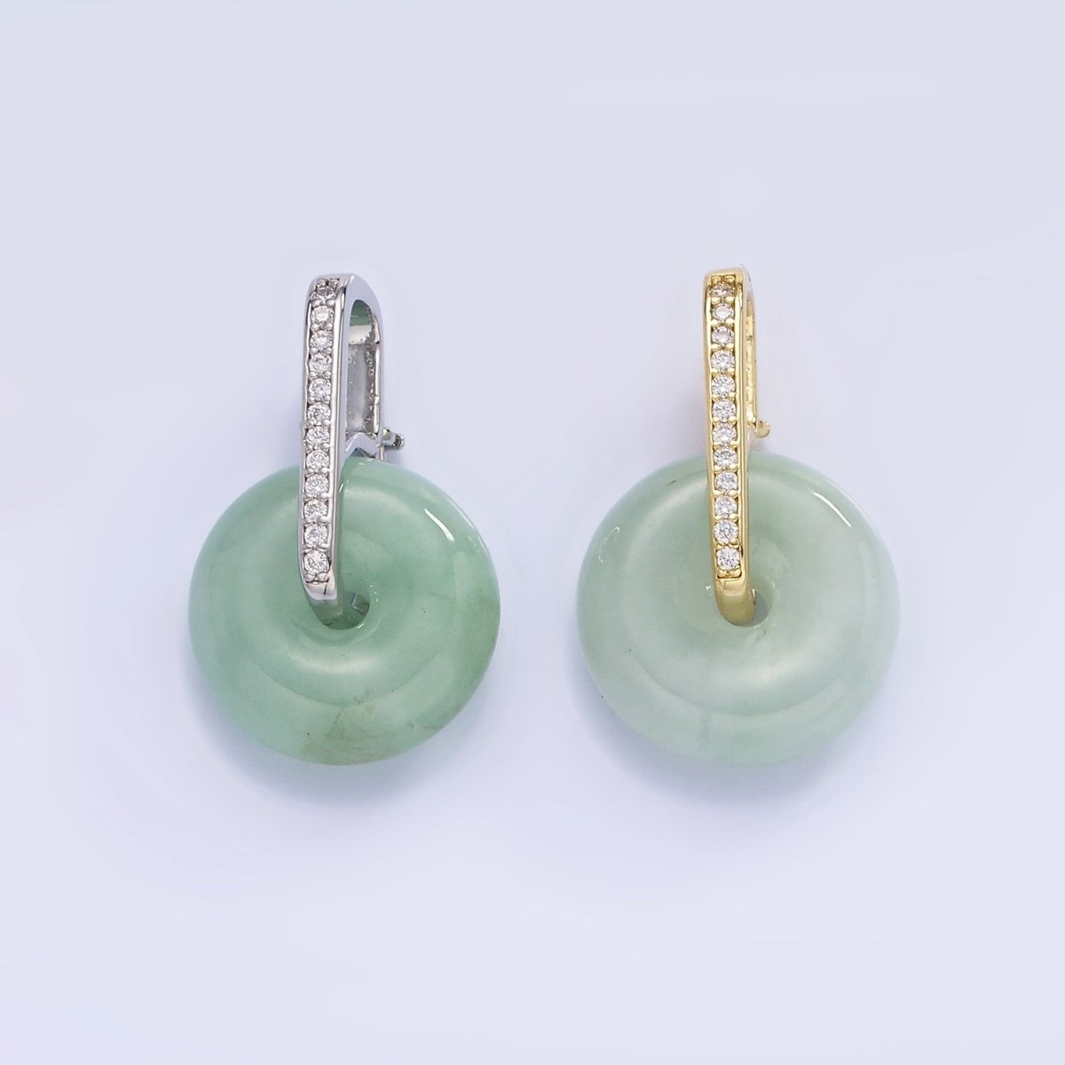 14K Gold Filled Green Jade Gemstone Donut Micro Paved CZ Linear Bail Pendant in Gold & Silver | AH159