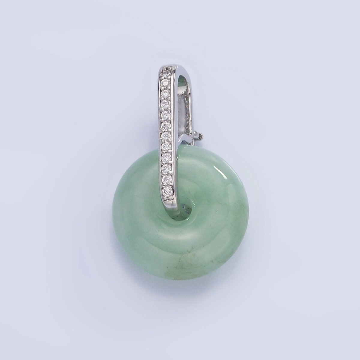 14K Gold Filled Green Jade Gemstone Donut Micro Paved CZ Linear Bail Pendant in Gold & Silver | AH159